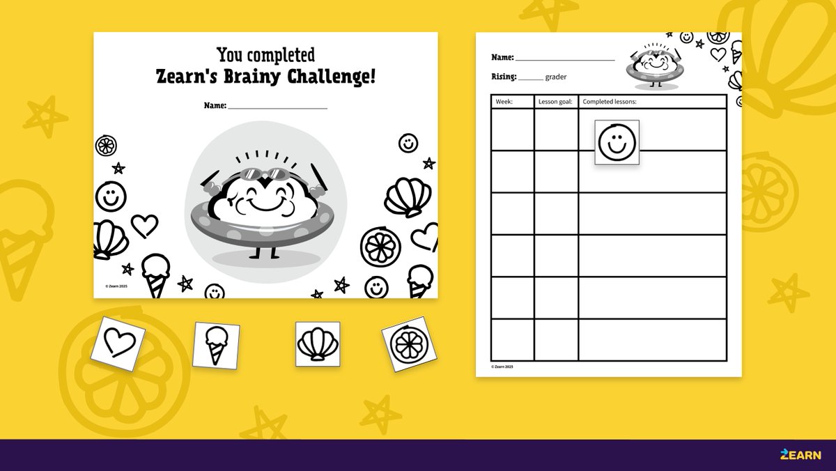 ☀️The NEW Brainy Challenge will help your students make summer count!  🌻

It includes a lesson tracker that is designed to flexibly support summer math learning, a certificate, and printable Zearny icons: bit.ly/3RiGzTd  

Let’s celebrate math learning all year long!