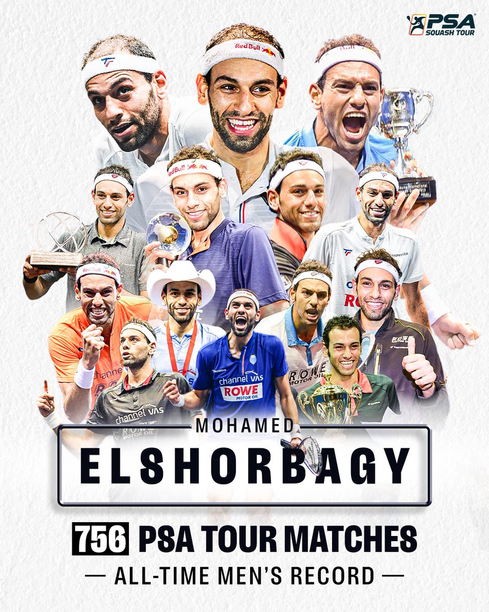 PSA Squash Tour (@psasquashtour) on Twitter photo Record breaker
History maker
<a href="/MoElshorbagy/">Mohamed ElShorbagy</a> breaks the all-time men's PSA appearances record 👏 Record breaker
History maker
<a href="/MoElshorbagy/">Mohamed ElShorbagy</a> breaks the all-time men's PSA appearances record 👏