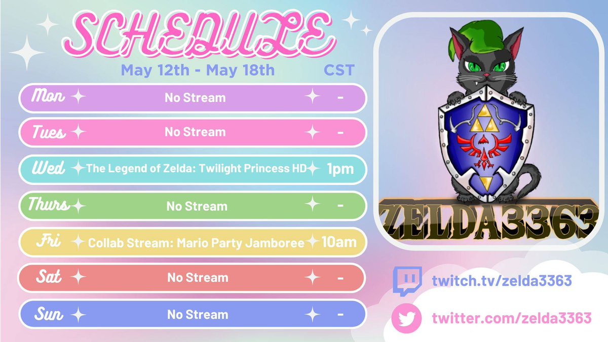 My upcoming stream schedule for the week. I'll be starting later on Wednesday at 1pm CST. I'll see yall then!