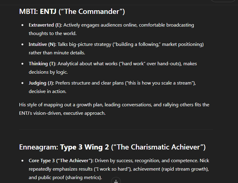 Noctis (@noctis10_) on Twitter photo <a href="/NickWhiteReal/">Nick White</a> <a href="/NickWhiteReal/">Nick White</a> <a href="/REALIcePoseidon/">Ice_Poseidon</a> ChatGPT can tell you the personality type of a person real or fake, by telling it details. ChatGPT says Nick White is ENTJ 3w2. ENTJ is what Mr Beast, Sam Pepper are. ENTJ and ESTJ makes the most money. Type 3 is driven by success and achievement. <a href="/NickWhiteReal/">Nick White</a> <a href="/NickWhiteReal/">Nick White</a> <a href="/REALIcePoseidon/">Ice_Poseidon</a> ChatGPT can tell you the personality type of a person real or fake, by telling it details. ChatGPT says Nick White is ENTJ 3w2. ENTJ is what Mr Beast, Sam Pepper are. ENTJ and ESTJ makes the most money. Type 3 is driven by success and achievement.