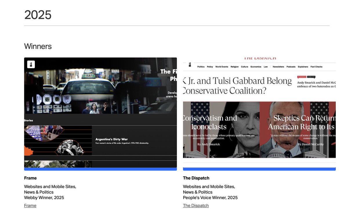 beneliasmoe's tweet image. I’m thrilled to announce that Frame won a @TheWebbyAwards Award for Website in News &amp;amp; Politics!

In 2024, we launched a new interactive article format that incorporated six years of lessons learned from creating multimedia journalism at Frame. The new article format features…