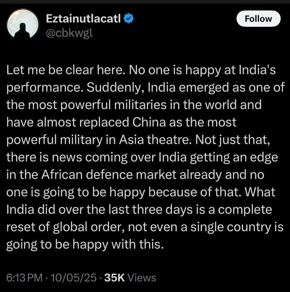Few international after effects of Op Sindoor:-
- Russia overloaded with internl orders for S-400 system
- Cancellation of orders for Chinese J17 fighters, PL15 missiles &amp; HQ9 radars
- Def Minister of Pak will go back to oblivion after a guest appearance
- What else? 
Jai Hind 🇮🇳