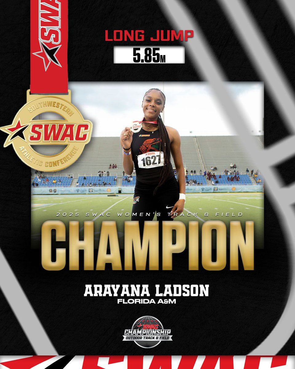 🥇 𝐒𝐖𝐀𝐂 𝐂𝐡𝐚𝐦𝐩𝐢𝐨𝐧🥇

Arayana Ladson is the winner of the #SWACOTF Women’s Long Jump!

#SWACOTF | #BuildingChampionsForLife