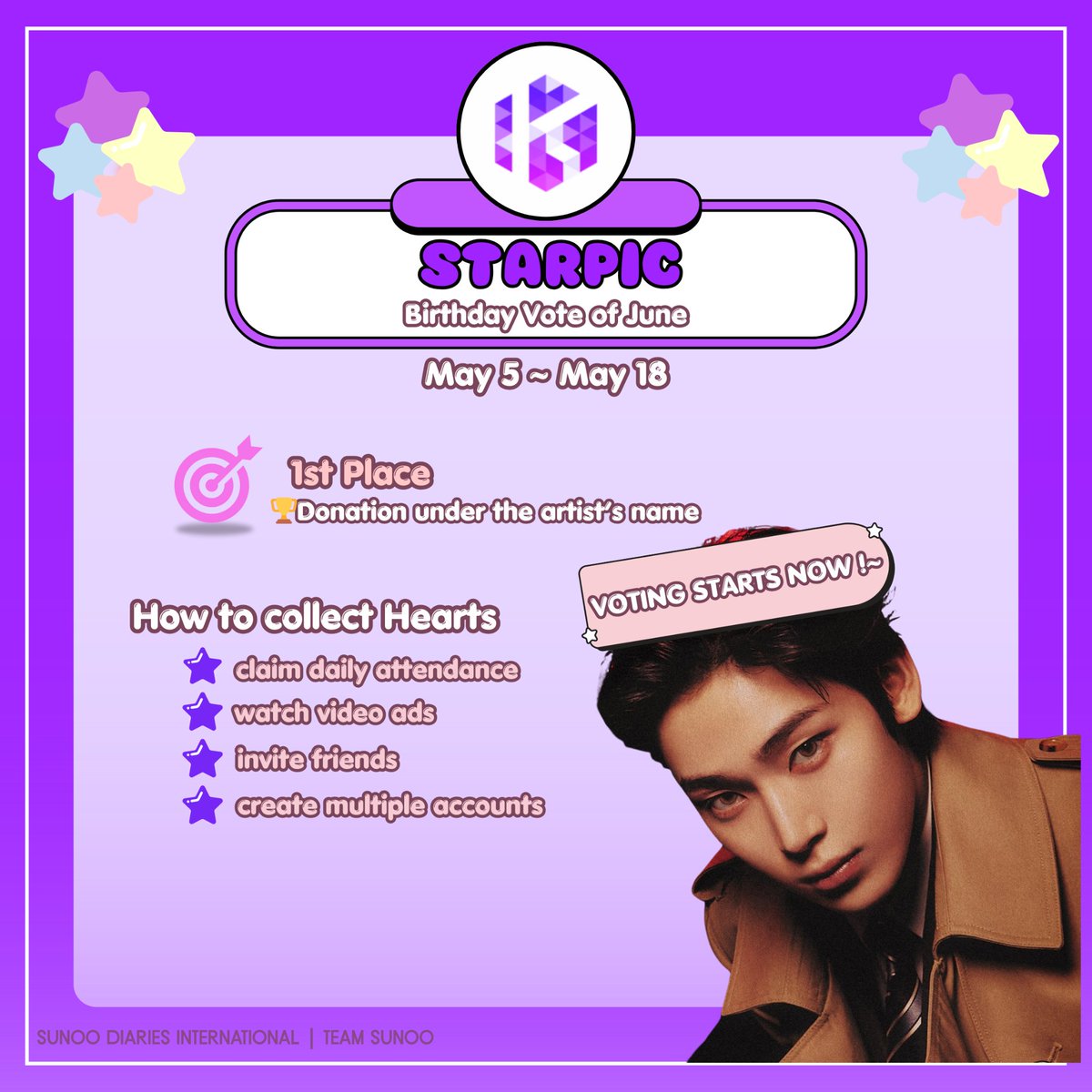 [🗳️] 250512 • K-POP STARPIC

"Birthday Vote of June" 🦊🎂

Continue collecting hearts and encourage everyone to vote for #SUNOO.

🎯 Goal: Rank 1
📊 Current Rank: #1 👑
🎁: Donation under the artist's name

#엔하이픈_선우 #김선우 #ソヌ #ENHYPEN_SUNOO <a href="/ENHYPEN/">ENHYPEN OFFICIAL</a>