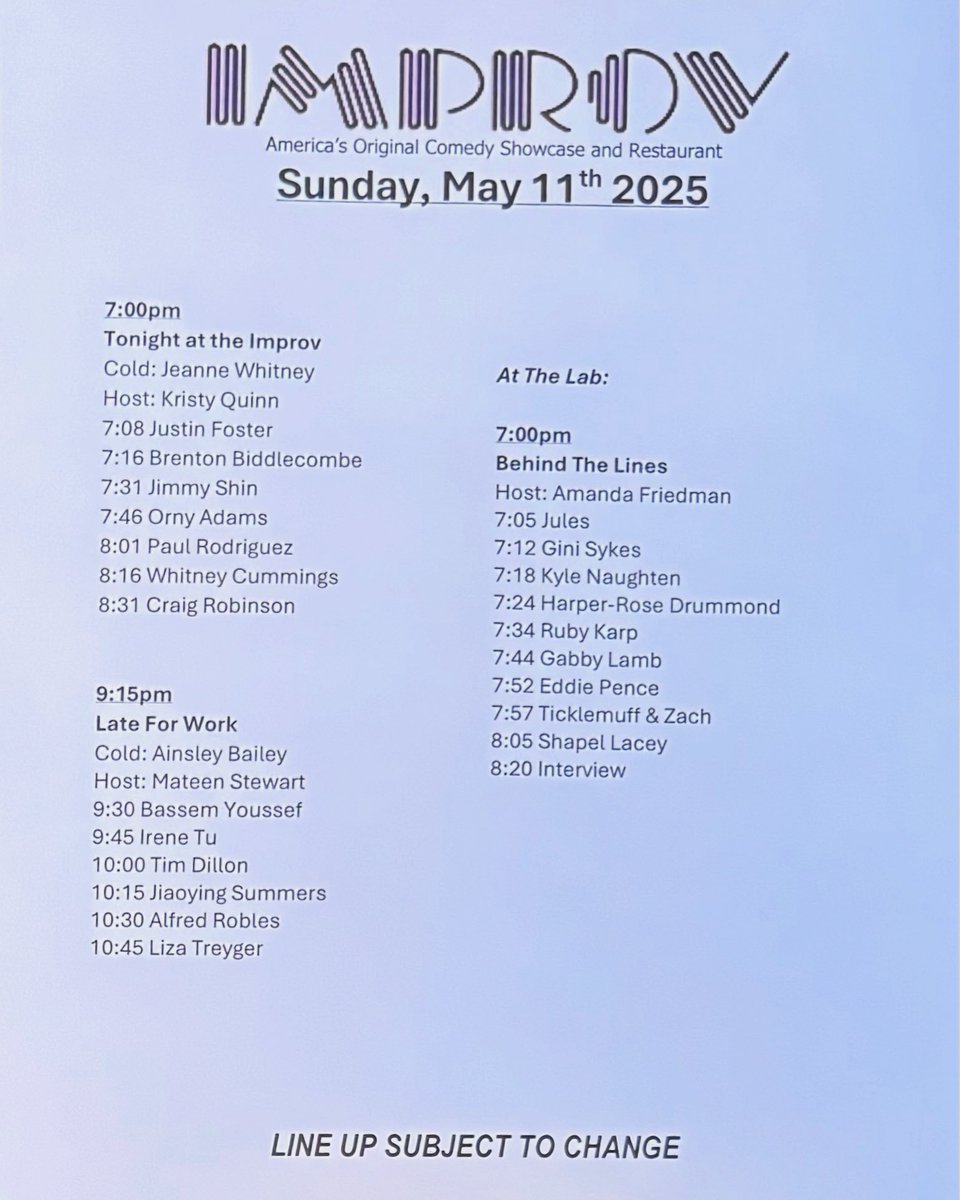Set times tonight! Get tickets at hollywoodimprov.com or arrive early and buy at the door! #hollywoodimprov #comedy