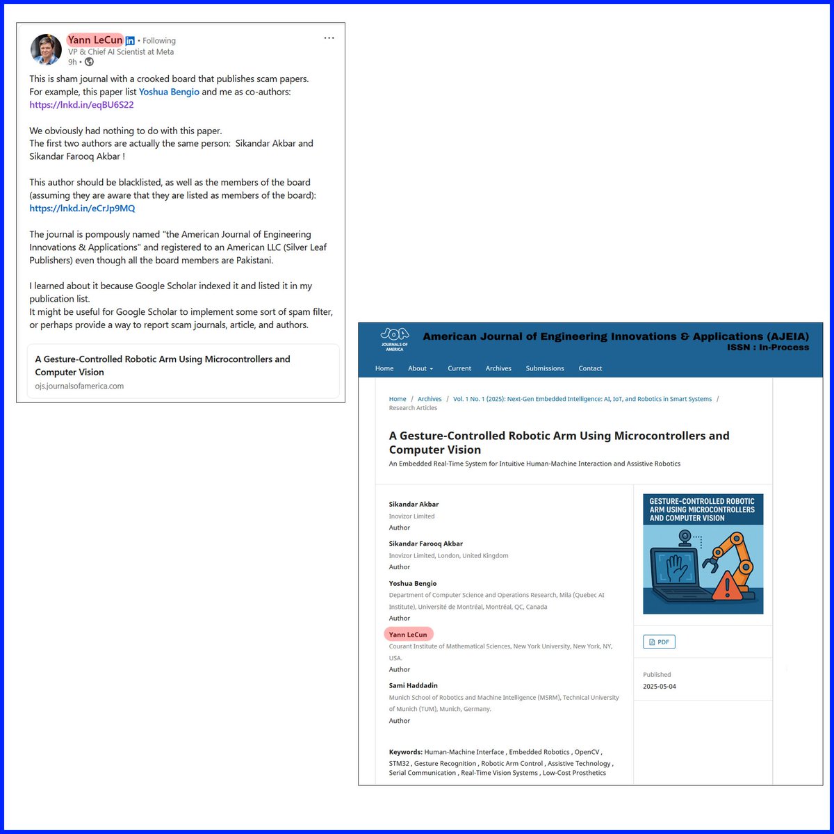 Publishing with Integrity (@fake_journals) on Twitter photo Yann LeCun, <a href="/ylecun/">Yann LeCun</a>, is a luminary in Computer Science, particularly in areas such as Neural Networks. Just to digress, I work in similar areas and he has been a big influence on my career - thank you.
If fraudsters are using his name on papers, how many others are there where Yann LeCun, <a href="/ylecun/">Yann LeCun</a>, is a luminary in Computer Science, particularly in areas such as Neural Networks. Just to digress, I work in similar areas and he has been a big influence on my career - thank you.
If fraudsters are using his name on papers, how many others are there where