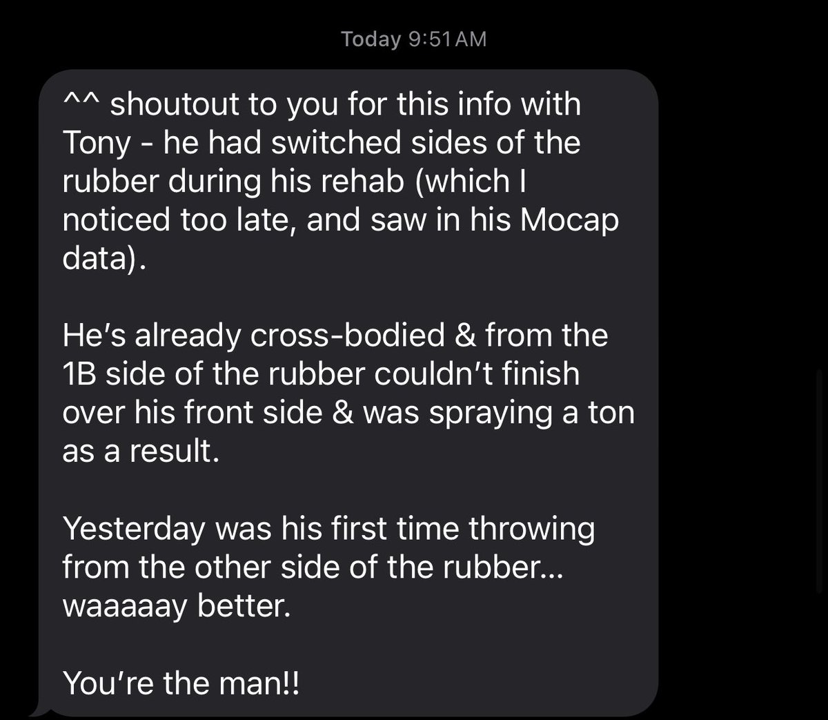Brett Graves (@bgraves05) on Twitter photo Neubeck was nails out of the pen this weekend for MIZ vs A&M. They were able to use insights from The People’s Lab earlier this week to get dialed in. Pretty cool impact. <a href="/premierpitching/">Premier Pitching and Performance</a>
Heres a text from the MIZZOU coaching staff this week as they prepared. Neubeck was nails out of the pen this weekend for MIZ vs A&M. They were able to use insights from The People’s Lab earlier this week to get dialed in. Pretty cool impact. <a href="/premierpitching/">Premier Pitching and Performance</a>
Heres a text from the MIZZOU coaching staff this week as they prepared.