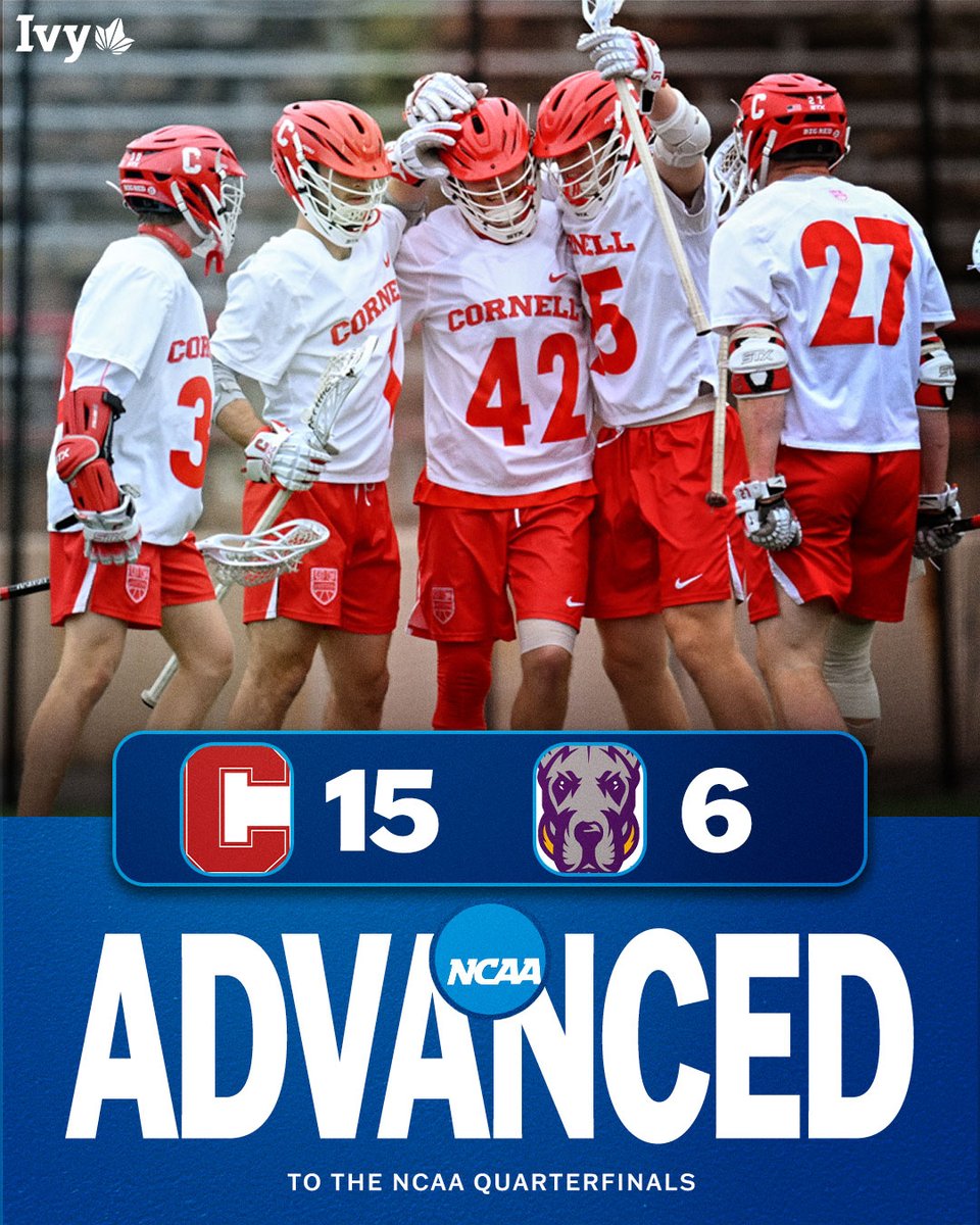 Ivy League (@ivyleague) on Twitter photo CORNELL CRUISES ON.
No. 1 <a href="/CornellLacrosse/">Big Red Lacrosse</a> downs UAlbany, 15-6, and is the second Ivy to punch a ticket to the <a href="/NCAALAX/">NCAA Lacrosse</a> Quarterfinals next weekend in Hempstead. See you on Saturday, Big Red! πΏπ₯ CORNELL CRUISES ON.
No. 1 <a href="/CornellLacrosse/">Big Red Lacrosse</a> downs UAlbany, 15-6, and is the second Ivy to punch a ticket to the <a href="/NCAALAX/">NCAA Lacrosse</a> Quarterfinals next weekend in Hempstead. See you on Saturday, Big Red! πΏπ₯
