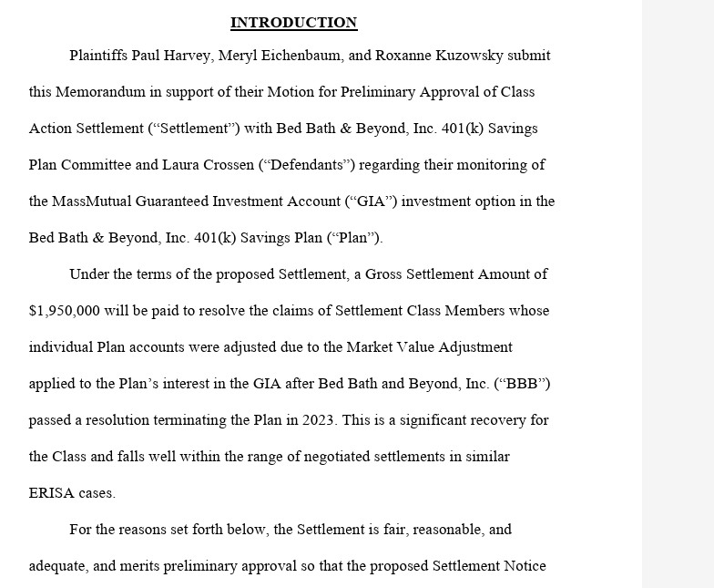 #BBBYQ $1,950,000 recovery for the 401k Plan case... Juicy...