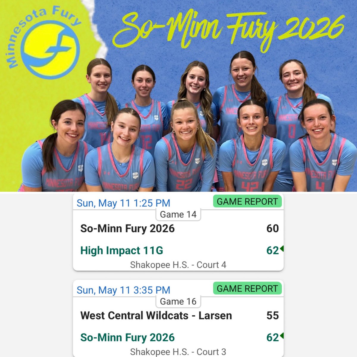 So-Minn Fury 2026 went 3-1 bringing home 3rd Place🥉 at the Minnesota D2 State Championship this weekend!

v High Impact 11G
<a href="/alyviaengler/">Alyvia</a> 15p
<a href="/addyruffridge/">Addison Ruffridge</a> 13p
<a href="/Juliette_526/">Juliette Matheis</a> 13p

v WC Wildcats Larsen
<a href="/addyruffridge/">Addison Ruffridge</a> 11p
<a href="/SydneyThom34579/">Sydney Thompson</a> 10p
<a href="/Juliette_526/">Juliette Matheis</a> 10p

<a href="/SoMinnFury/">So-Minn Fury</a>