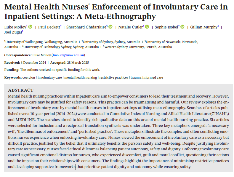 Dr Shep (PhD) MentalHealth Academic ๐ฟ๐ผ๐ฌ๐ง๐ฆ๐บ (@shepchid) on Twitter photo Hot off the press: FREE TO DOWNLOAD
Our paper explores the enforcement of involuntary care by mental health nurses in inpatient settings utilising meta-ethnography. <a href="/lukemolloy/">luke molloy</a> <a href="/UnitedGMH/">United for Global Mental Health</a> <a href="/DrLapkin/">Sam Lapkin</a>
Please read and share onlinelibrary.wiley.com/doi/10.1111/inโฆ Hot off the press: FREE TO DOWNLOAD
Our paper explores the enforcement of involuntary care by mental health nurses in inpatient settings utilising meta-ethnography. <a href="/lukemolloy/">luke molloy</a> <a href="/UnitedGMH/">United for Global Mental Health</a> <a href="/DrLapkin/">Sam Lapkin</a>
Please read and share onlinelibrary.wiley.com/doi/10.1111/inโฆ