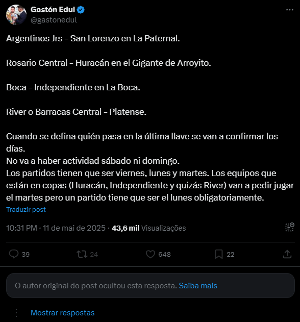Cuando ocultan tu respuesta a un tuit es porque les duele la verdad. <a href="/gastonedul/">Gastón Edul</a> 
Hagamos un debate deportivo (la pregunta de cuantas Copa América tiene Argentina te prometo que la borramos del cuestionario).