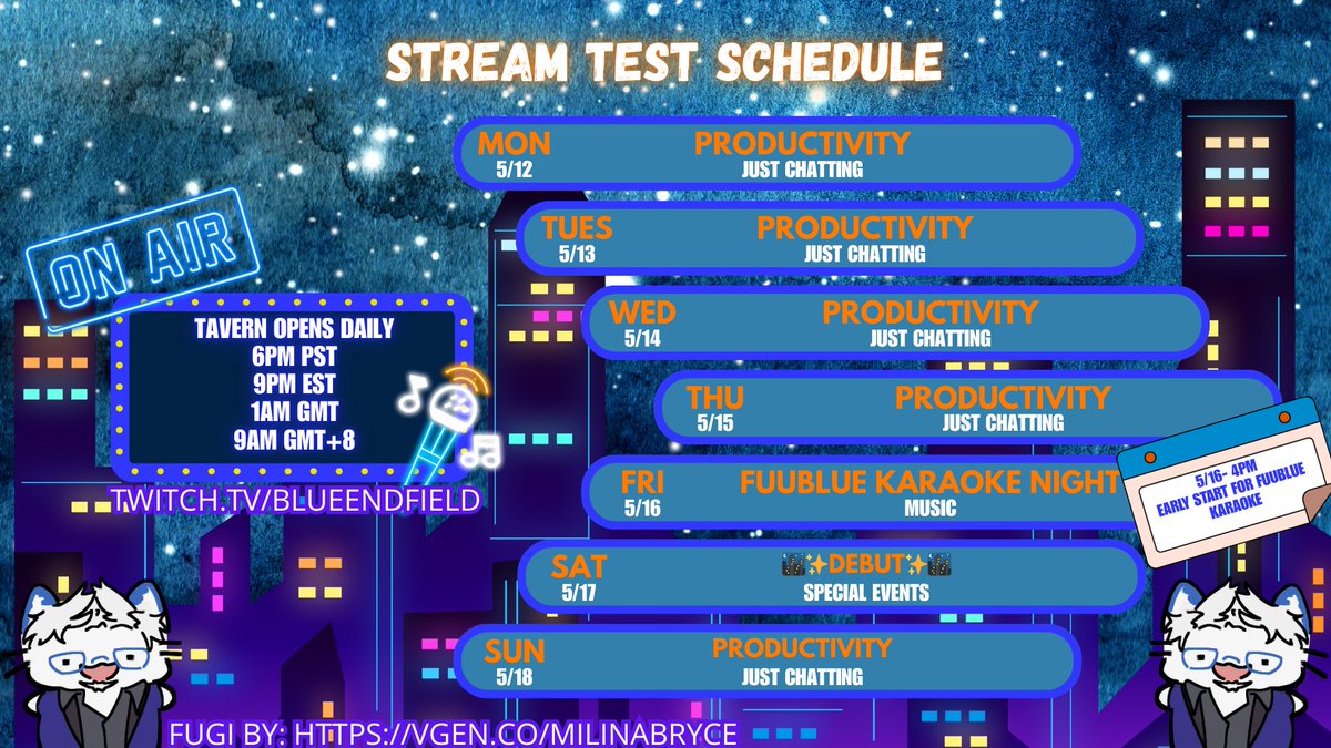 BlueEndfield's tweet photo. Schedule for this week. I'm making the final preparations for my debut this week. Feel free to come in and chat while I do so. See you at my debut this Saturday.
General: #BlueEndfield
Fan Art: #BlueEndDoodle
Clips/Memes: #BlueEndDodo https://t.co/WzOP090mhS