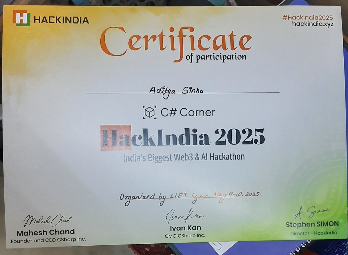 AdityaSinha234's tweet image. Attended my first hackathon.
Learned teamwork, idea building, communication, and networking.
Winning wasn’t guaranteed, but learning was.

Thanks to HackIndia, Lloyd College, and Hex Clan.
#Hackathon #TechJourney #FirstHackathon