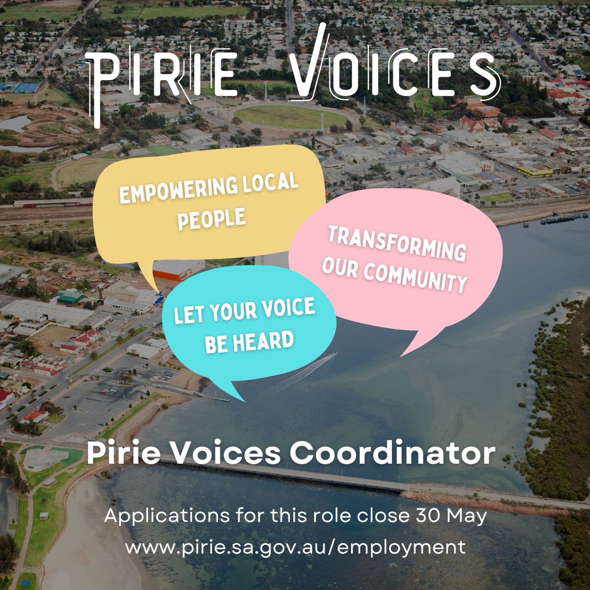 PIRIE VOICES" TO LEAD SOCIAL CHANGE
“Pirie Voices” is a unique, community-led initiative aimed at creating a more inclusive, connected, and thriving Port Pirie. Find out more about the project: pirie.sa.gov.au/noticeboard/la…
PIRIE VOICES COORDINATOR ROLE: pirie.sa.gov.au/employment