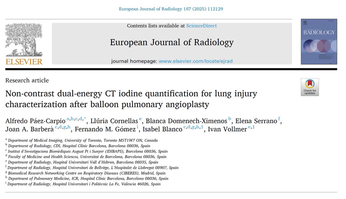 Alfredo Páez-Carpio (@apaezcarpio) on Twitter photo New publication in <a href="/EJR_official_/">EJR_official</a>
DECT can iodine quantification can distinguish pulmonary hemorrhage from reperfusion edema after BPA in CTEPH. Findings support its potential as a novel imaging biomarker.
Read more: bit.ly/452Ov2T
<a href="/Ivanvollmert/">Ivan Vollmer</a> <a href="/isabelclinic/">Isabel Blanco</a> <a href="/fermgmez/">fernando gómez</a> New publication in <a href="/EJR_official_/">EJR_official</a>
DECT can iodine quantification can distinguish pulmonary hemorrhage from reperfusion edema after BPA in CTEPH. Findings support its potential as a novel imaging biomarker.
Read more: bit.ly/452Ov2T
<a href="/Ivanvollmert/">Ivan Vollmer</a> <a href="/isabelclinic/">Isabel Blanco</a> <a href="/fermgmez/">fernando gómez</a>