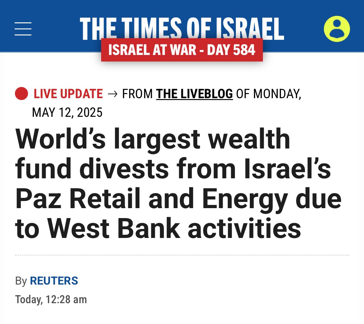 And now, Norway’s sovereign wealth fund, the largest in the world, divests completely from Israel's Paz Retail and Energy. reuters.com/sustainability…