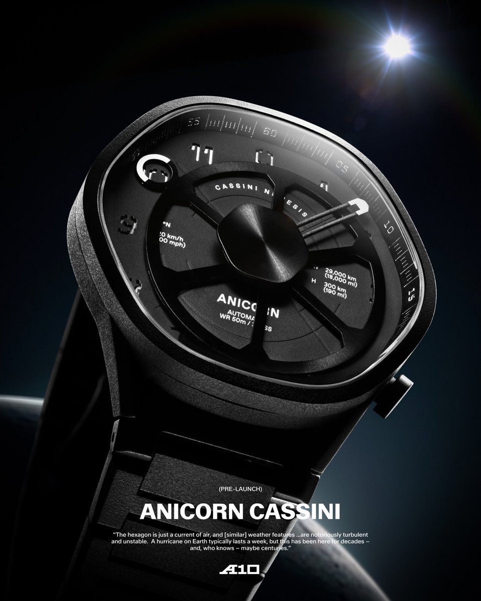 Anicorn_Watch's tweet photo. The wait ends. The face of Cassini is revealed.
Inspired by Saturn’s mysterious hexagon, forged in total blackout.
This is Cassini Nemesis.
Official launch: EST 10PM May 21, 2025.
--
Cassini Nemesis
(w/ FKM Strap) - USD$600
(w/ Metal Bracelet) - USD$650
#TimeDifferent #Anicorn #Cassini #Nemesis #hexagon #A10