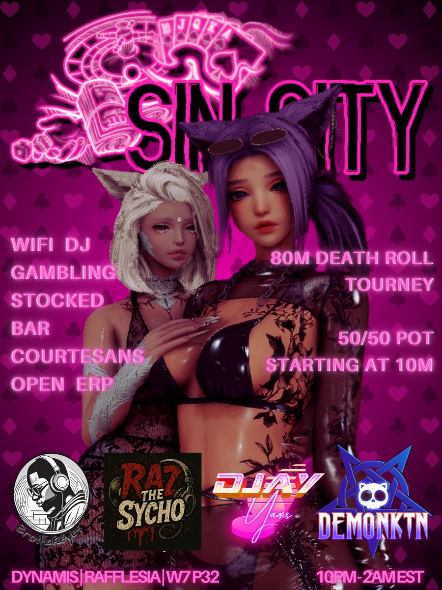Tonight, the games are ON at Sin City! 🔥

🎲 Dive into the action with our 80 MILLION DR tourney! 
💰 Plus, our 50/50 raffle kicks off at 10 MILLION!

Don't miss out on the fun! More details in our Discord: discord.gg/Msys97warv

Let the games begin!😉