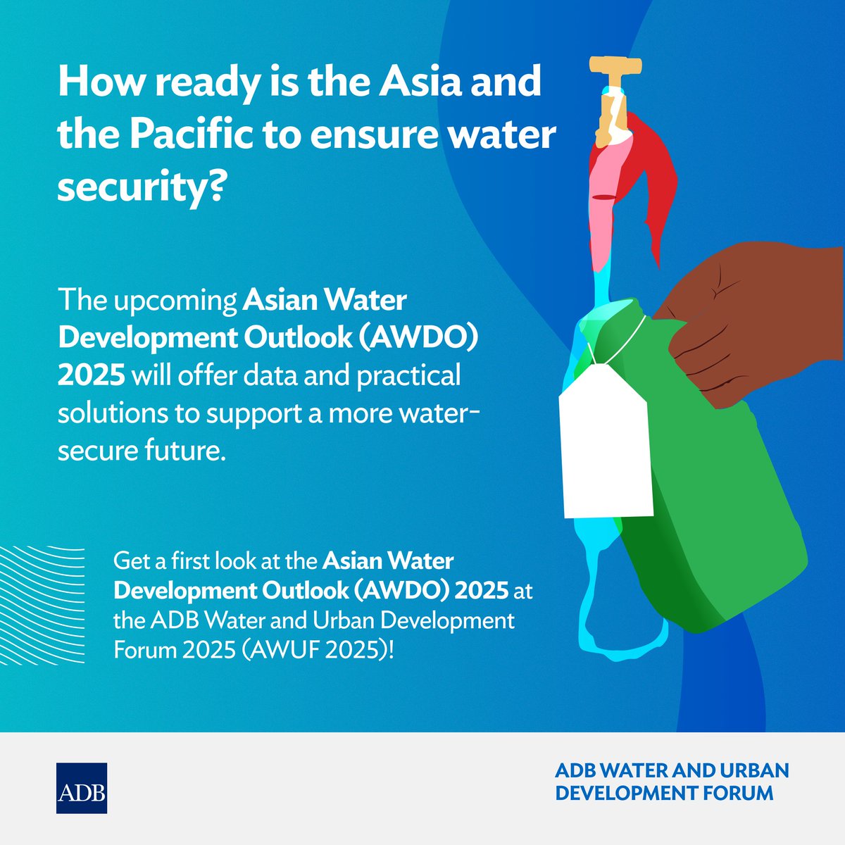 In 2020, 2.1B people in Asia-Pacific lacked safe water &amp; sanitation. 22 countries remain below the water security threshold. The Asian Water Development Outlook (AWDO) 2025 offers solutions for a water-secure future. Get a first look at #AWDO at #AWUF2025: adb.eventsair.com/awuf2025/