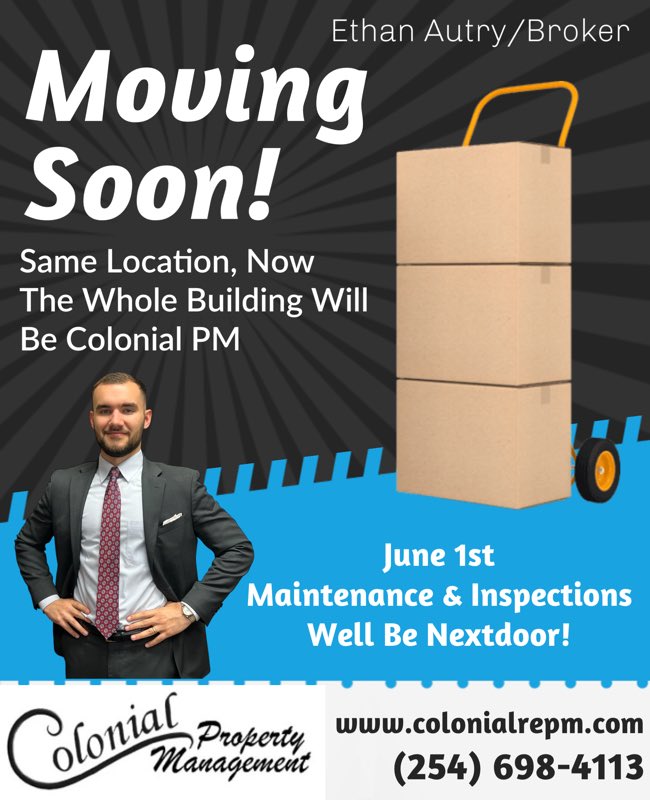 ColonialREPM's tweet image. Exciting News!! Same great location but #ColonialPropertyManagement will be expanding our #harkerheightstx office and taking over the whole building. Our Maintenance and Inspection Departments will be moving into suite B, Nextdoor on June 1st. colonialrepm.com (254)…