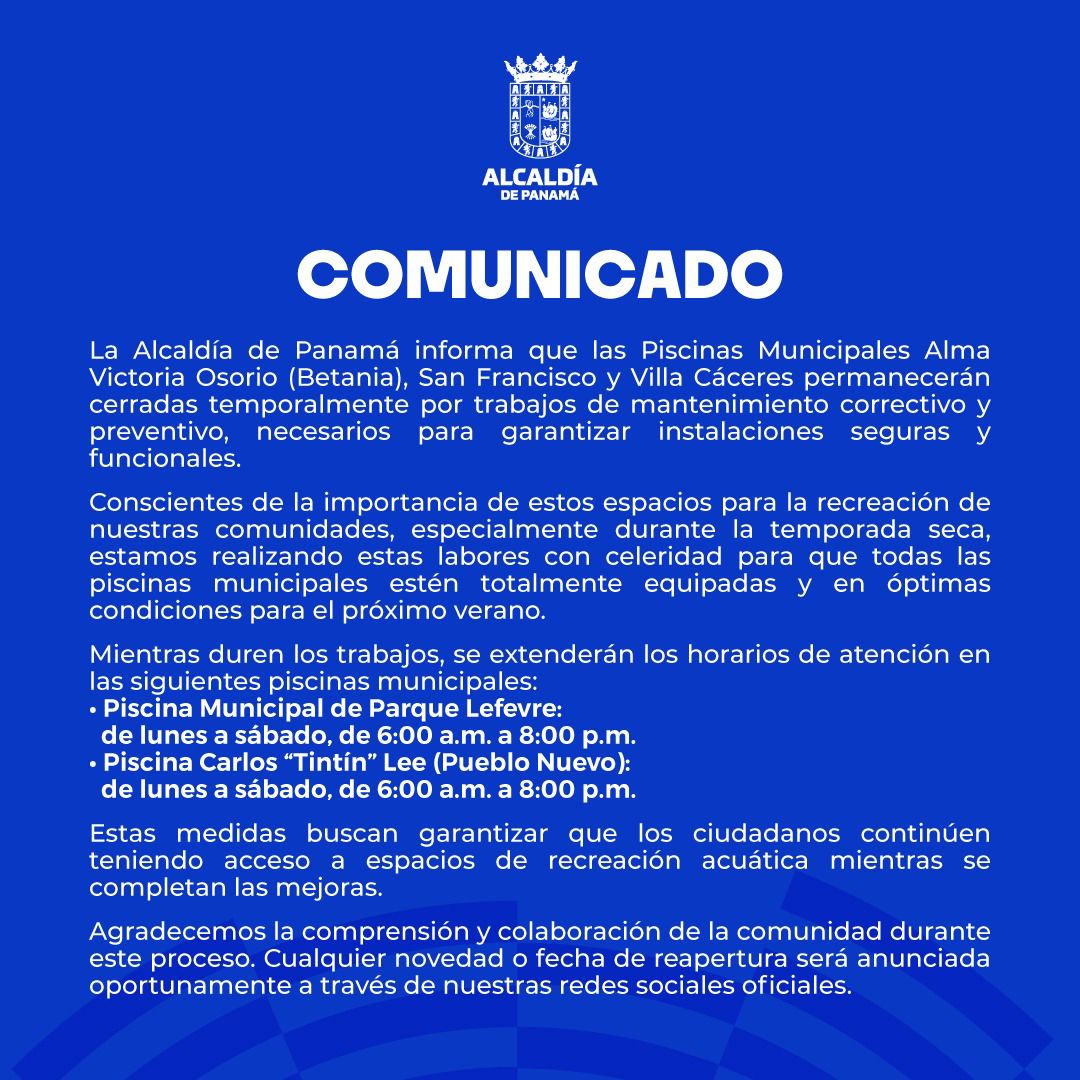 criticaenlinea's tweet image. ¡CIERRAN TRES PISCINAS MUNICIPALES!
Las de Betania, San Francisco y Villa Cáceres estarán apagadas por mantenimiento.
Pero tranqui, la de Parque Lefevre y la de Tintín Lee abren hasta las 8:00 p.m. pa’ que no te achicharres en el sol.
¡Pronto avisan cuándo reabren!