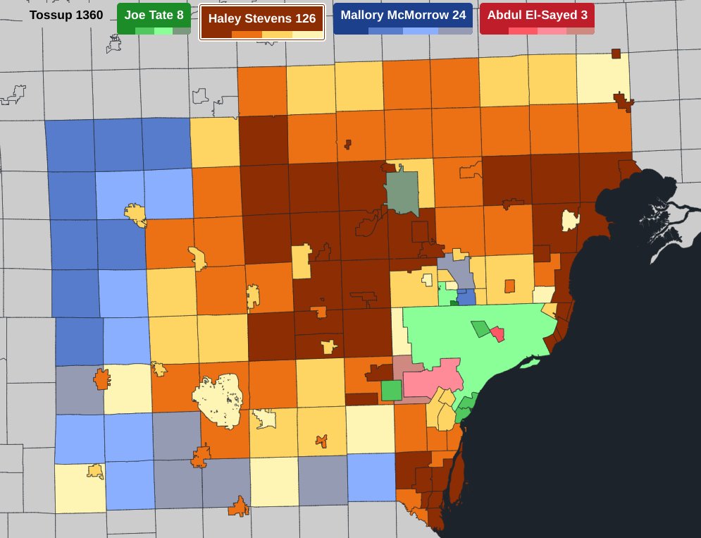 AustinHoney30's tweet image. With the Michigan Senate primary opening up to 4 strong candidates today here is each of the main 4's best result I could see in the Metro Detroit area. It is SUPER DUPER early and is subject to change but this is just a starting base for what I could see happening