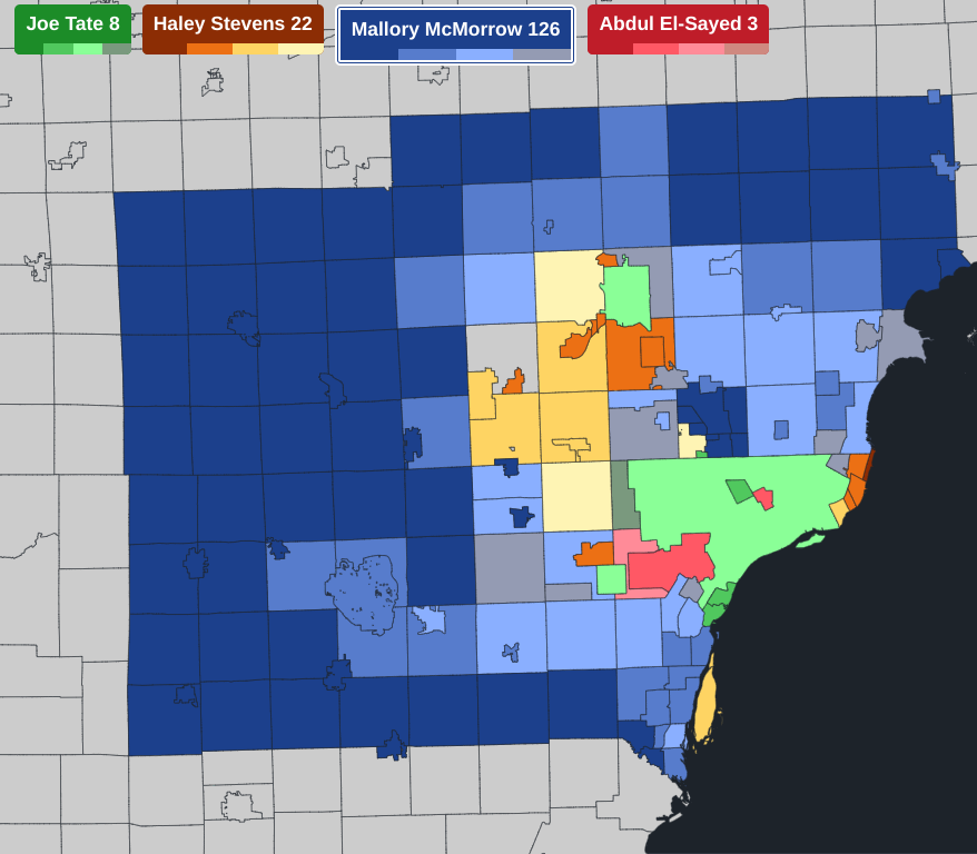AustinHoney30's tweet image. With the Michigan Senate primary opening up to 4 strong candidates today here is each of the main 4's best result I could see in the Metro Detroit area. It is SUPER DUPER early and is subject to change but this is just a starting base for what I could see happening