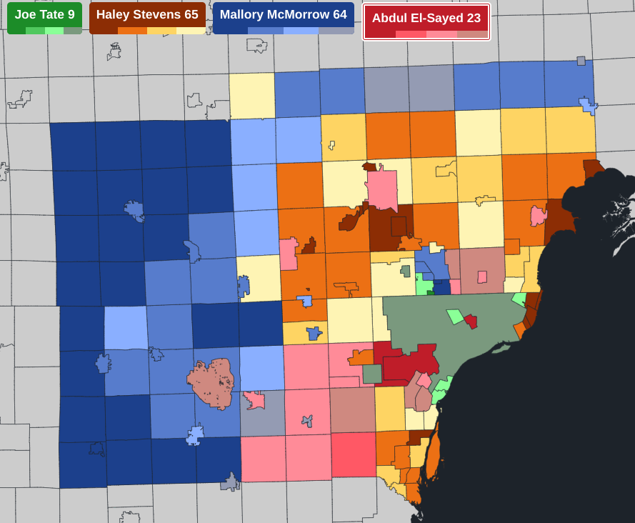 AustinHoney30's tweet image. With the Michigan Senate primary opening up to 4 strong candidates today here is each of the main 4's best result I could see in the Metro Detroit area. It is SUPER DUPER early and is subject to change but this is just a starting base for what I could see happening