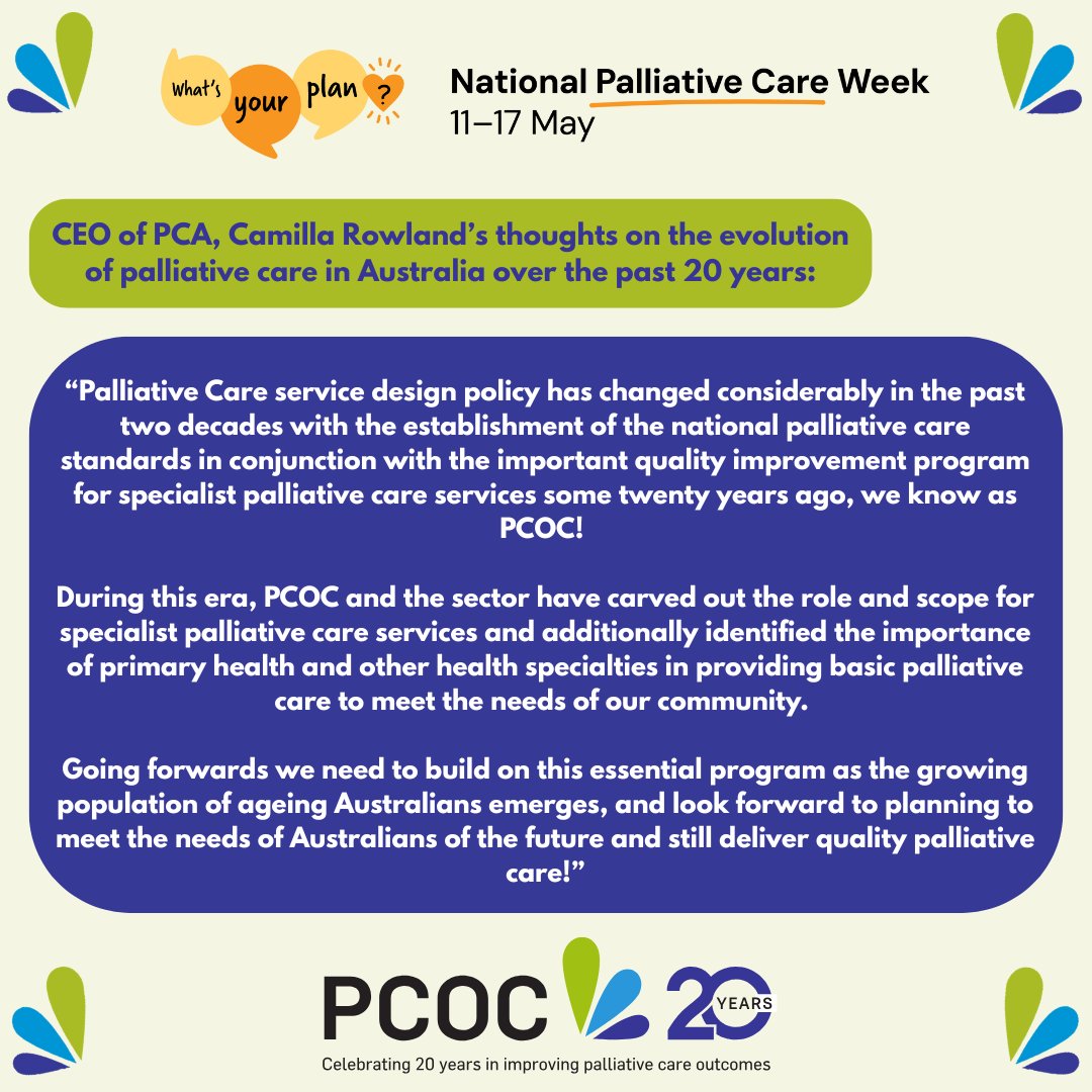 PCOC (@pcocpallcare) on Twitter photo 🎉 Happy National Palliative Care Week #NPCW #PCA! 🎉
To celebrate, PCOC has asked several key members of the sector to reflect on how palliative care in Australia has evolved over the past 20 years.
<a href="/Pall_Care_Aus/">Palliative Care Australia</a>'s CEO, Camilla Rowland provides her reflections: 🎉 Happy National Palliative Care Week #NPCW #PCA! 🎉
To celebrate, PCOC has asked several key members of the sector to reflect on how palliative care in Australia has evolved over the past 20 years.
<a href="/Pall_Care_Aus/">Palliative Care Australia</a>'s CEO, Camilla Rowland provides her reflections: