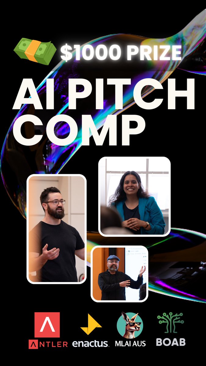 🚀 Calling all AI innovators! 💡  

$1,000 up for grabs at MLAI × Enactus Melbourne’s AI Startup Pitch Comp! 🏆  

📅 29 May 2025  
📲 Pitch your startup and win big!  

Details &amp; tickets: events.humanitix.com/pitch-competit…