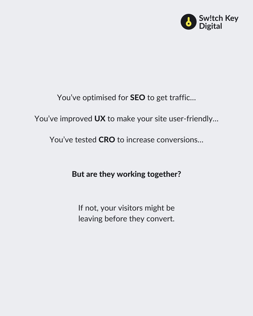 SwitchKDigital's tweet photo. You're getting traffic, but conversions are flatlining. 
Your site looks great, but visitors aren't sticking around. 
Your lead generation efforts are falling short. 

That's where SXO comes in to turn things around! 

#SwitchKeyDigital #SXO #SEO #UX #CRO https://t.co/sXzQCYy1O5