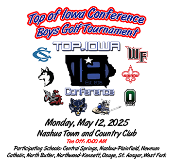 <a href="/NPBGolf/">NP Boys Golf</a> hosts the Top of Iowa Conference boys golf tournament at Nashua Town and Country Club. Tee time is set for 10:00 AM on Monday, May 12. #LetsDoThis