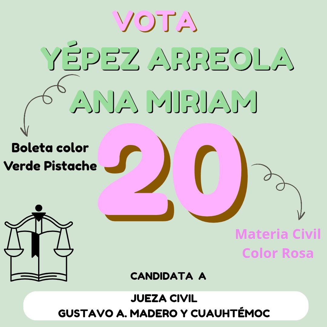 Este próximo 1° de Junio, no olvides salir a ejercer tu derecho del voto. 🗳️ En la planilla verde vota por la #20 en materia Civil. ✅ 
¡Porque la Justicia merece un Rostro Humano, una justicia que sea cercana a los ciudadanos!. 👩🏻‍⚖️⚖️ 💚#Yépez20 #EleccionesCDMX #GAM #Cuauhtémoc 🩷