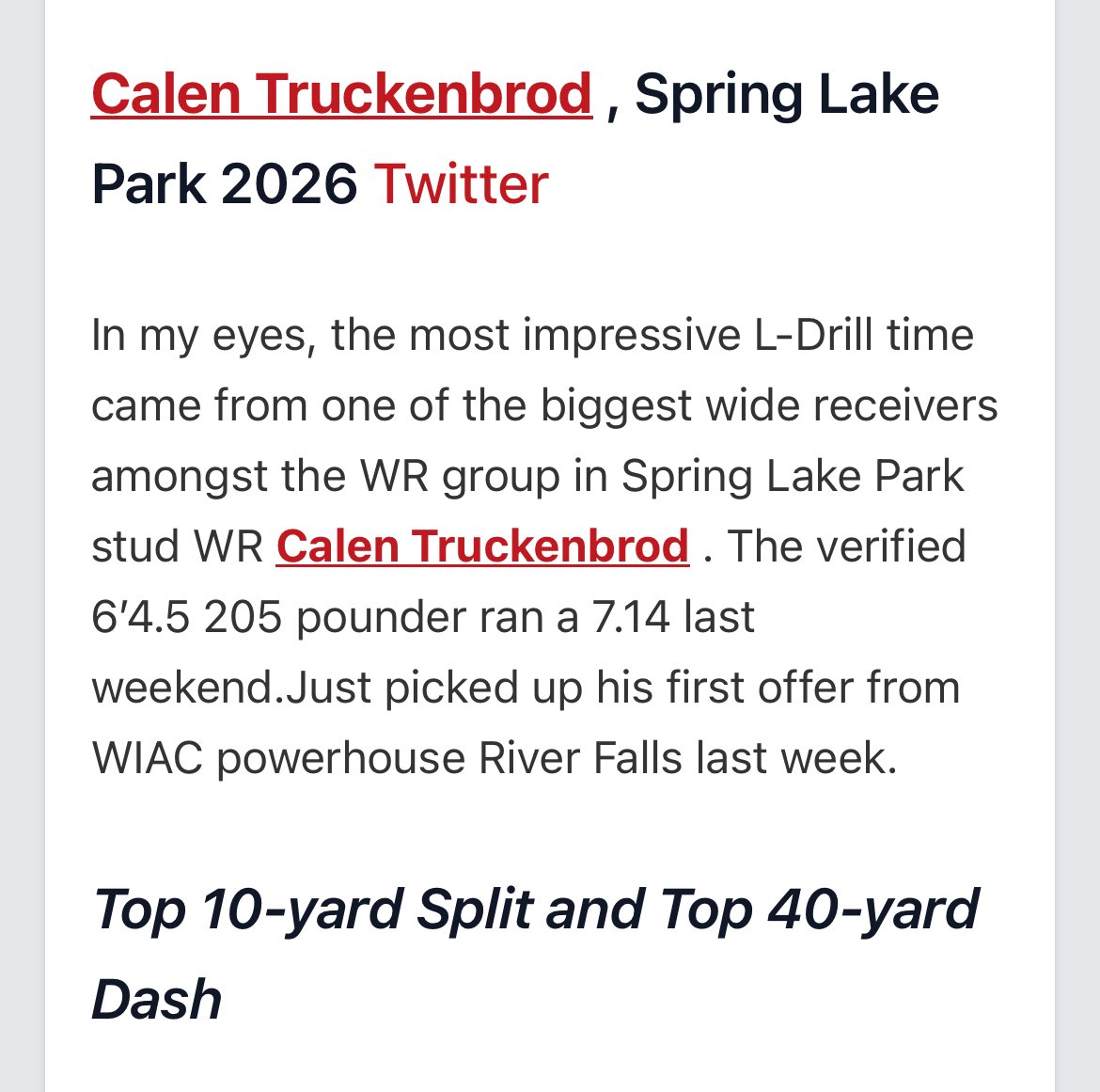 Calen Truckenbrod (@calen_truck) on Twitter photo Thank you <a href="/NWahlScouting/">Nate Wahl</a> for the write up. Glad I got to see you again, hope to see you at more camps this summer.
<a href="/SLPPantherFB/">SLP Panther FB</a> <a href="/mn_grind/">Minnesota Grind 7v7 ⚙️</a> <a href="/PrepRedzoneMN/">Prep Redzone Minnesota</a> Thank you <a href="/NWahlScouting/">Nate Wahl</a> for the write up. Glad I got to see you again, hope to see you at more camps this summer.
<a href="/SLPPantherFB/">SLP Panther FB</a> <a href="/mn_grind/">Minnesota Grind 7v7 ⚙️</a> <a href="/PrepRedzoneMN/">Prep Redzone Minnesota</a>