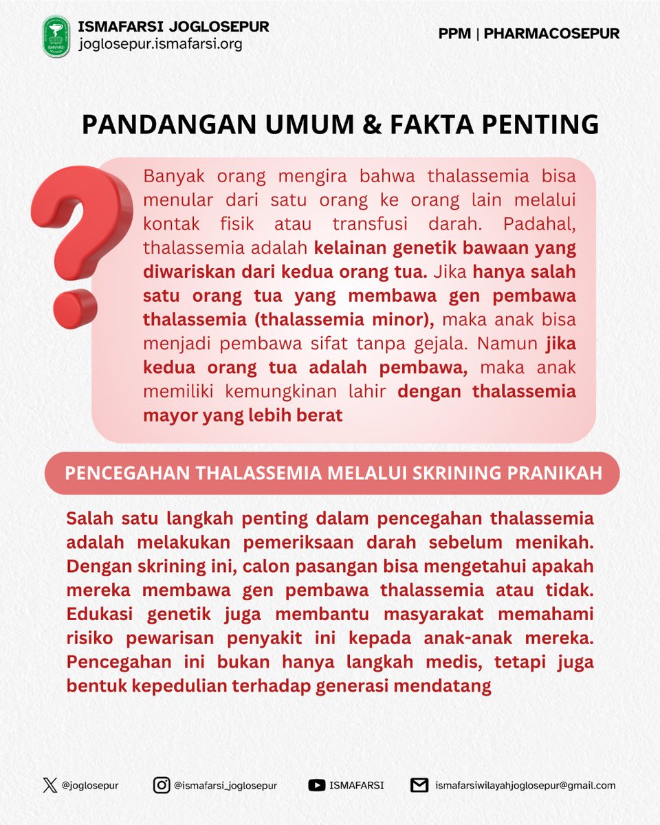 Setiap tanggal 8 Mei, kita memperingati Hari Thalassemia Sedunia untuk meningkatkan kesadaran tentang pentingnya skrining genetik, dukungan terhadap penyintas, serta edukasi masyarakat.
📅🌍❤️‍🩹

"Satu tes darah bisa selamatkan masa depan."