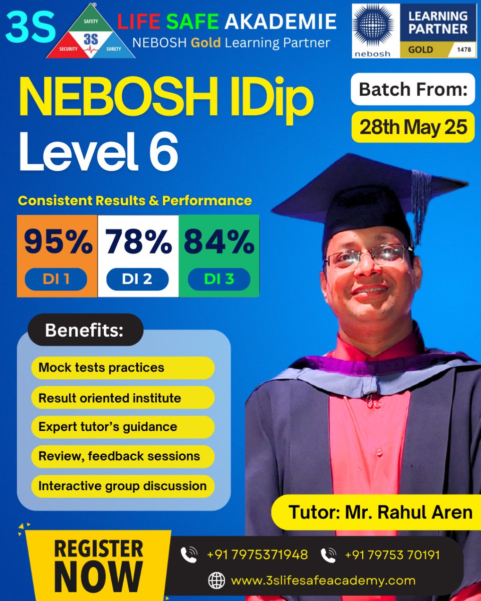 LifeSafeAcademy's tweet image. 📢 Enroll Now!
NEBOSH IDip Level 6 – New batch starts 28 May 2025
Proven Results: DI1 - 95% | DI2 - 78% | DI3 - 84%
👨‍🏫 Expert tutor: Rahul Aren
📞 Limited seats – Secure yours now!#NEBOSH #IDip #SafetyCourses #HSEIndia #3SLifeSafeAkademie #RahulAren #NEBOSHTraining