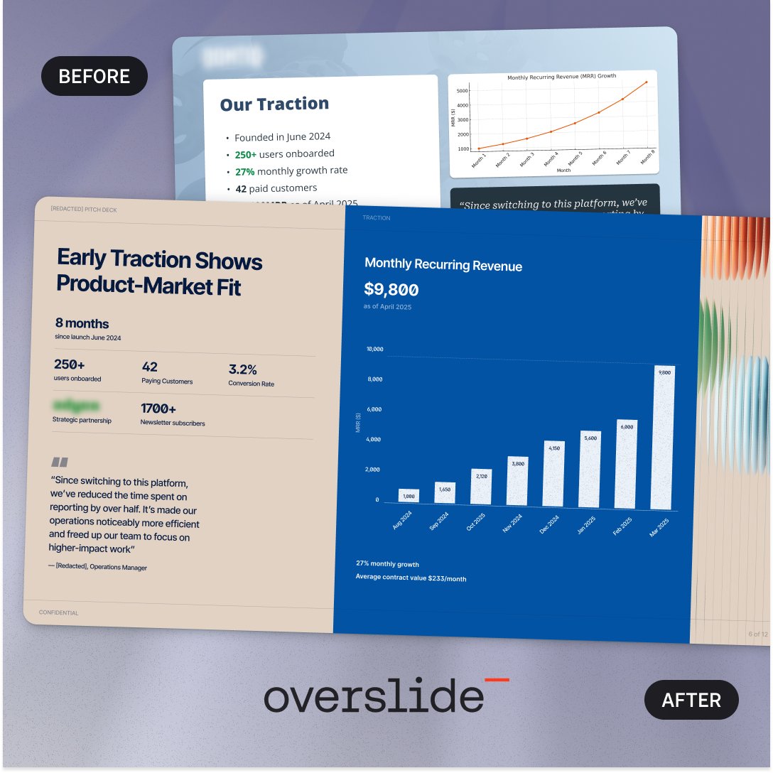 marele's tweet image. Founders: I'll redesign your pitch deck for FREE  

Selecting 3 startups to help me research what makes slides actually work.  
Just a quick, 5-min application/research form → 
apply.overslide.co (closes May 23)

Appreciate you!

#PitchDeck #StartUps  #VC