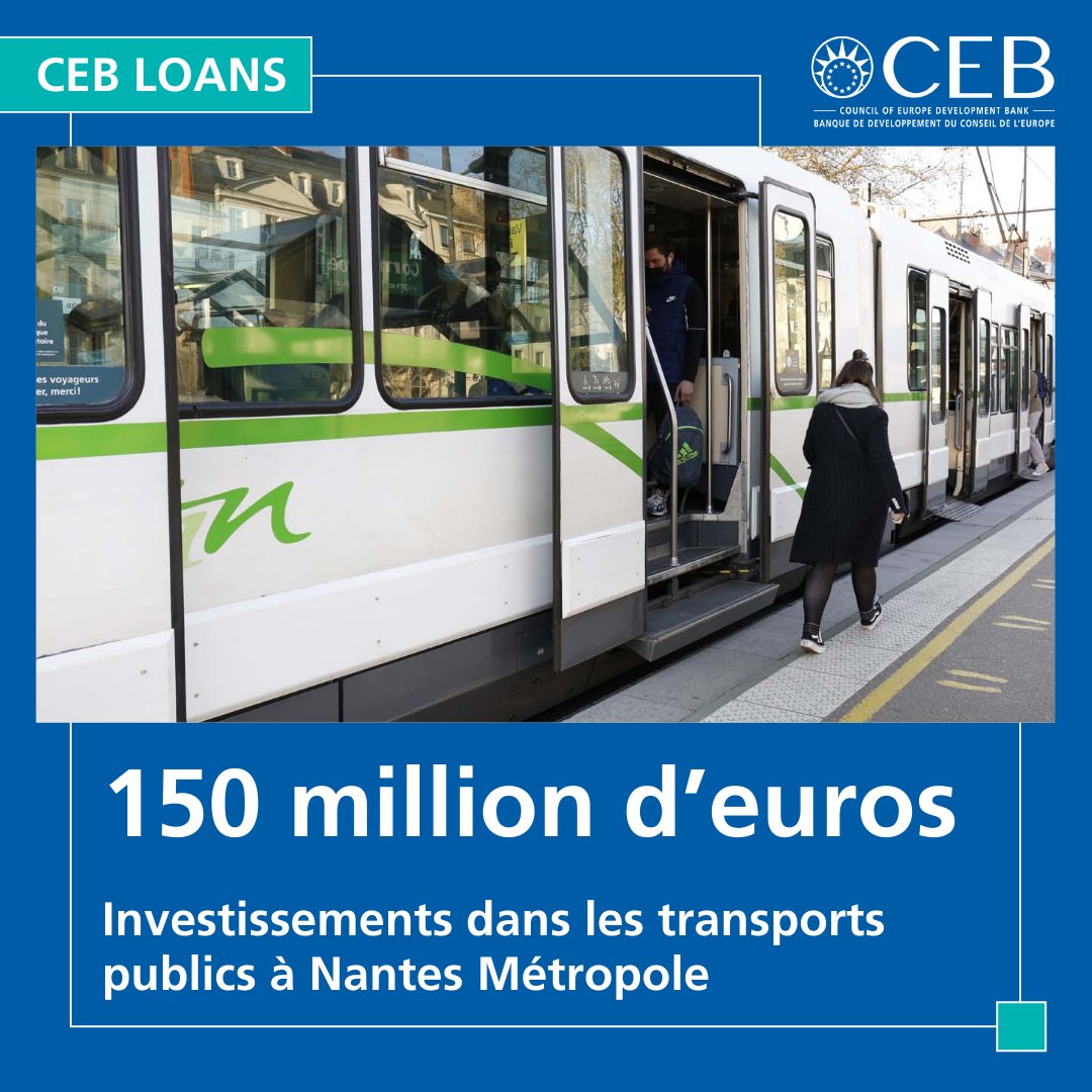 CEB➡️Social development bank for Europe (@coebanknews) on Twitter photo Un prêt supplémentaire de 150 millions d’euros à <a href="/NantesMetropole/">Nantes Métropole</a> permettra de cofinancer des investissements dans les transports publics, dans le cadre d’une stratégie visant à répondre aux défis de la région en matière de développement et de mobilité👉tinyurl.com/3nm6bj45 Un prêt supplémentaire de 150 millions d’euros à <a href="/NantesMetropole/">Nantes Métropole</a> permettra de cofinancer des investissements dans les transports publics, dans le cadre d’une stratégie visant à répondre aux défis de la région en matière de développement et de mobilité👉tinyurl.com/3nm6bj45
