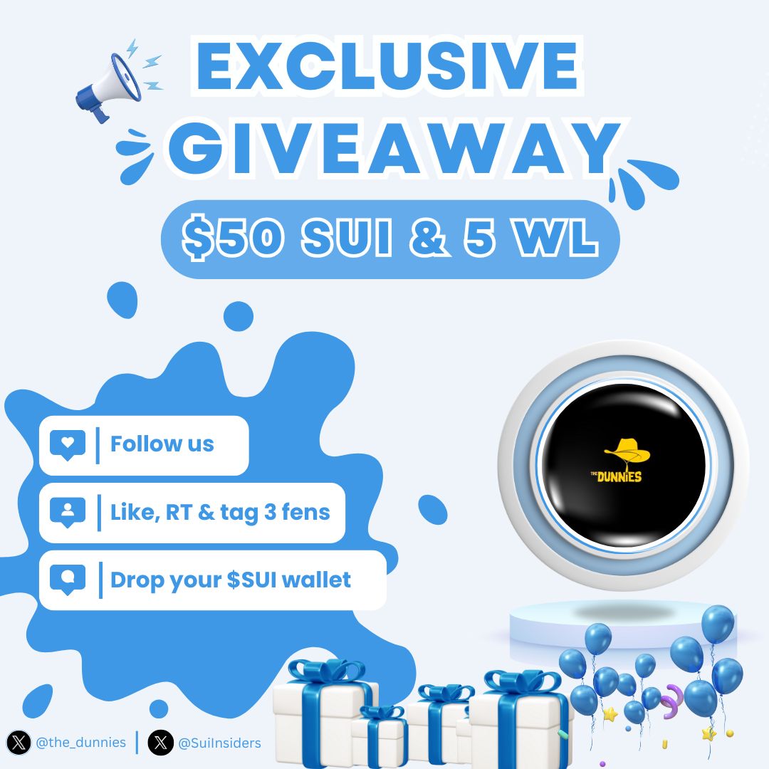 GIVEAWAY CAMPAIGN 🪂

To celebrate our collaboration with <a href="/the_dunnies/">Dunnies</a>, we will give the community special prizes😍

🎁Rewards: $50 SUI and 5 WLs

1️⃣ Follow <a href="/SuiInsiders/">Sui Insiders💧</a> &amp; <a href="/the_dunnies/">Dunnies</a>
2️⃣ Like, RT, and tag 2 friends
3️⃣ Join Discord: discord.gg/NUeXSJ6kxg

Don’t miss out!🥳