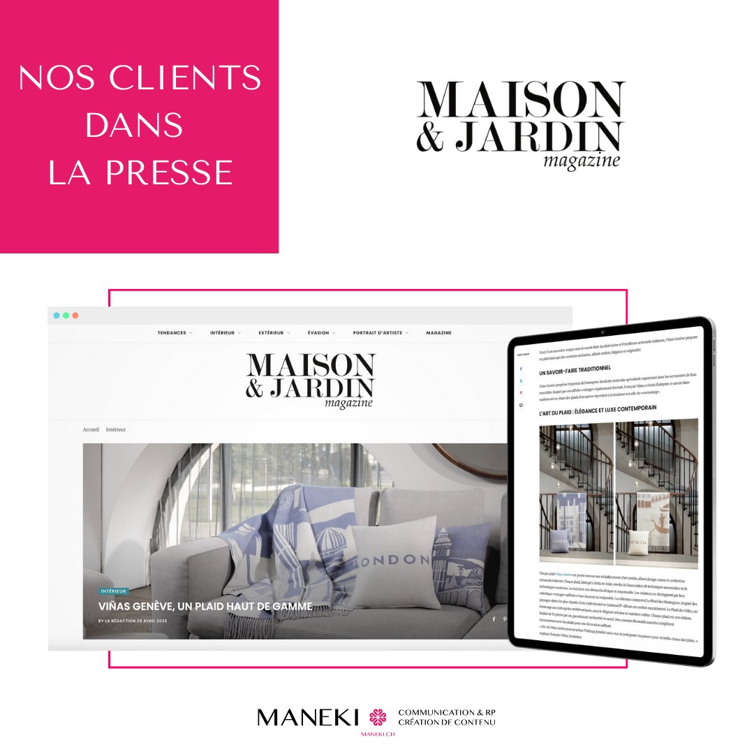 maneki_rp's tweet image. 𝗡𝗼𝘀 𝗰𝗹𝗶𝗲𝗻𝘁𝘀 𝗱𝗮𝗻𝘀 𝗹𝗮 𝗽𝗿𝗲𝘀𝘀𝗲 📰 Retrouvez ce très bel article de Maison &amp;amp; Jardin Magazine, une référence en matière de tendances déco, sur la nouvelle marque de plaid de #luxe VIÑAS GENÈVE maisonetjardinmagazine.fr/2025/04/29/vin… Bonne découverte! #VinasGeneve #MaisonEtJardin