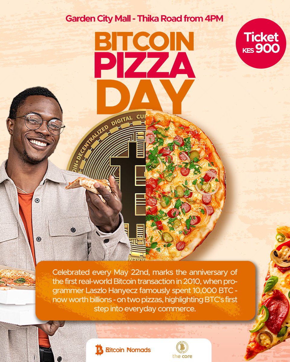 Heard of the guy who spent 10,000 BTC on pizza?
We’re honoring that wild story with pizza, fun, and facts!
Join us on May 22, 4PM
KES 900 | Garden City Mall | Bitcoin only
Tag a friend who loves pizza and ₿