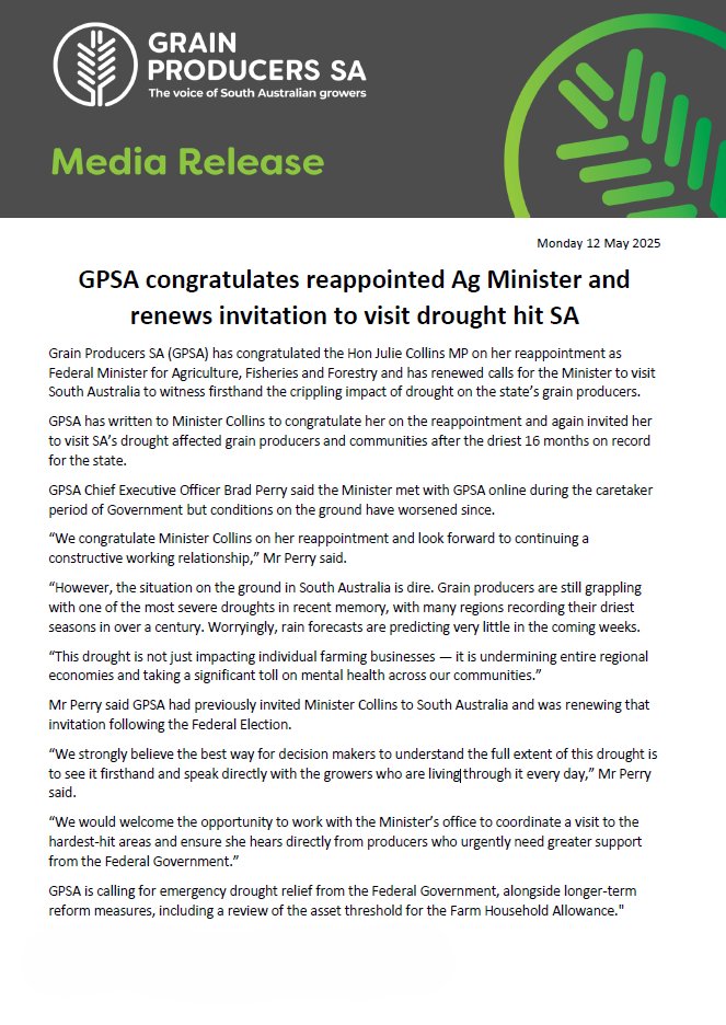 Grain Producers SA (@grainproducersa) on Twitter photo BREAKING: GPSA congratulates reappointed Federal Agriculture Minister the Hon <a href="/JulieCollinsMP/">Julie Collins</a> and renews invitation to visit drought hit SA. Read our media release in full below: BREAKING: GPSA congratulates reappointed Federal Agriculture Minister the Hon <a href="/JulieCollinsMP/">Julie Collins</a> and renews invitation to visit drought hit SA. Read our media release in full below: