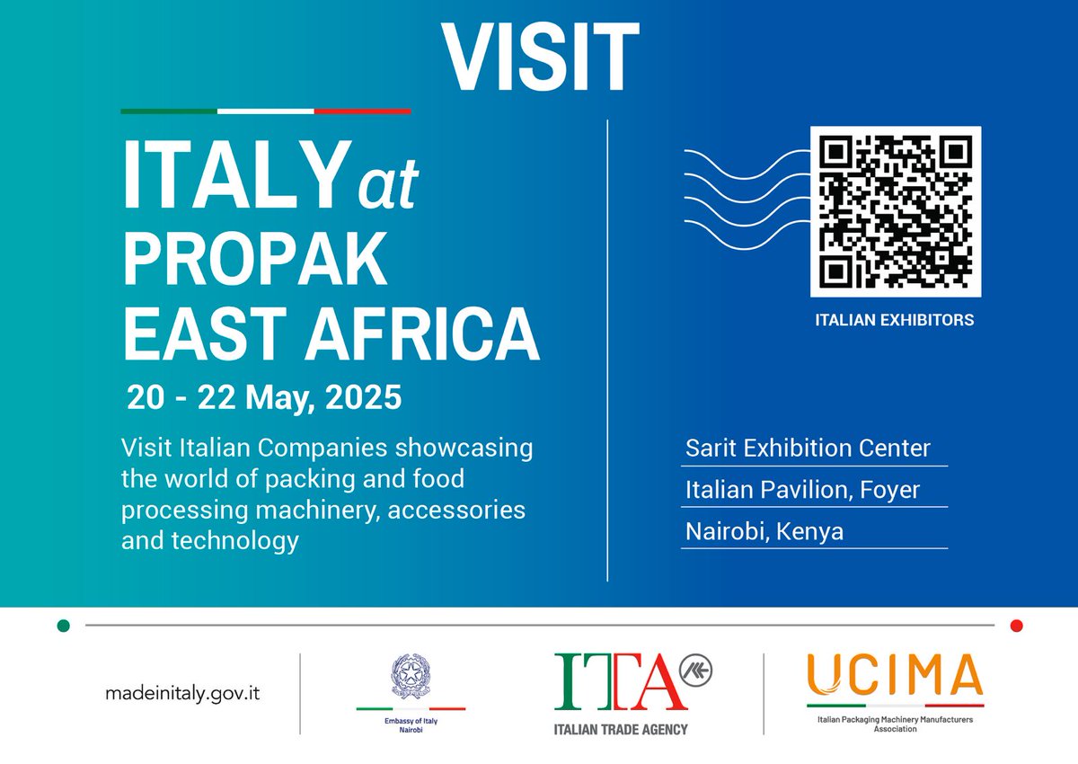 From Italy to Kenya, excellence in packaging travels! The Italian Trade Agency and Italy's leading companies will be showcasing their latest packaging solutions at Sarit Expo Centre. Don't miss out!  

🗓️20th - 22nd May 2025

#PropakEA