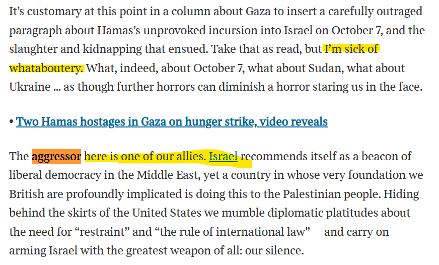CAMERAorgUK's tweet photo. Charging that Israel - and NOT Hamas - is the aggressor in the war, and that blaming Hamas is "whataboutery", is an idea so delusional that you'd expect it to appear in the @guardian:

But, @thetimes columnist @mathewparris3 wrote this - erasing the the terror group's unprovoked war of aggression on Oct. 7th and their fanatical refusal to surrender and release the hostages.