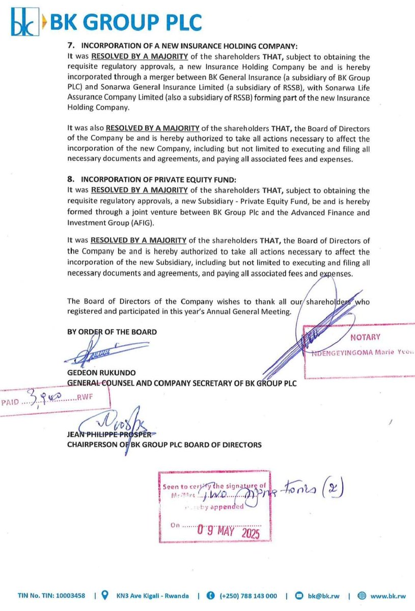 🇷🇼 BK Group AGM Highlights (May 9, 2025):

🔹 Approved FY2024 dividend of RWF 29.34/share (payout ~25 June)
🔹 EY reappointed as auditor
🔹 7 directors re-elected
🔹 Greenlight for new Insurance Holding Co. via merger
🔹 Joint Venture with AFIG to form Private Equity Fund