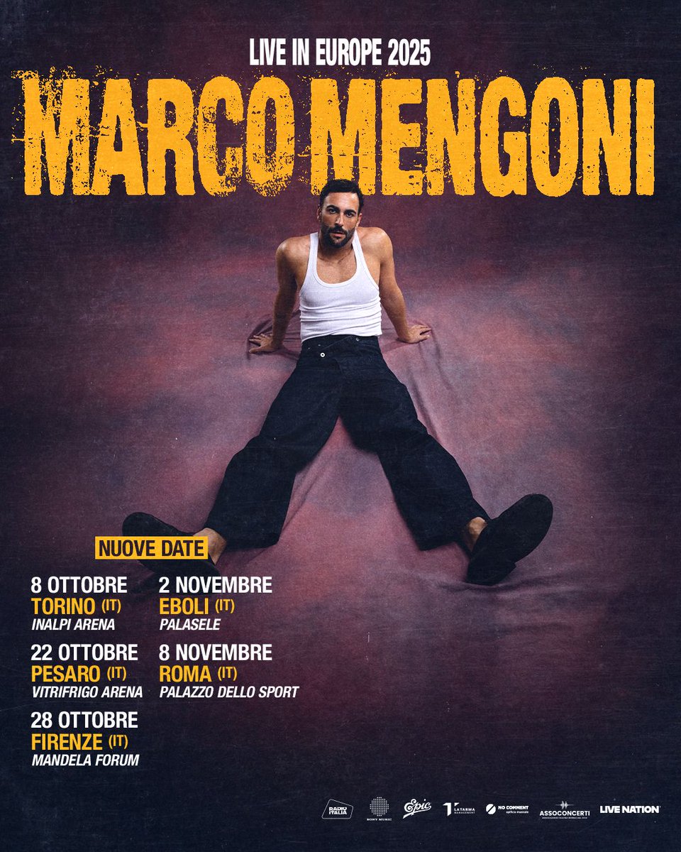 📣 Annunciati nuovi appuntamenti di Marco Mengoni nei palazzetti ✨ 

📆 8 ottobre | Torino, Inalpi Arena
📆 22 ottobre | Pesaro, Vitrifrigo Arena
📆 28 ottobre | Firenze, Mandela Forum
📆 2 novembre | Eboli, Palasele
📆 8 novembre | Roma, Palazzo dello Sport

🎫 Biglietti in