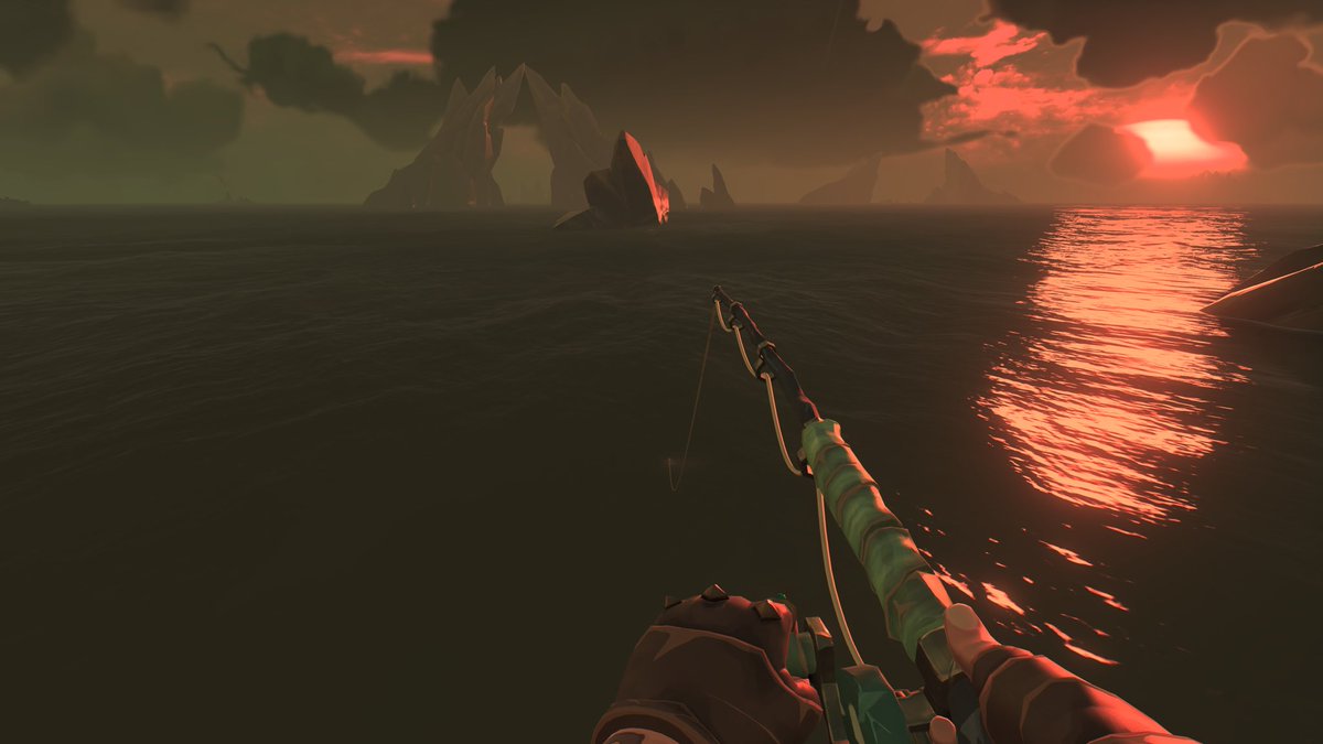 Pyronithious's tweet image. Well didn’t get the title cause I ran out of patience trying to fish up an umber splashtail. So have a sunset from the fishing trip #SeaOfThieves