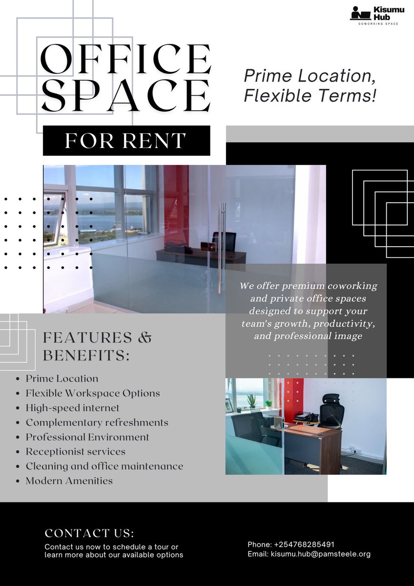 Kisumu Hub Coworking Space (@kisumu_hub) on Twitter photo ๐๐ ๐ฎ๐ง๐๐๐ซ๐ฌ๐ญ๐๐ง๐ ๐ฒ๐จ๐ฎโ๐ซ๐ ๐ฅ๐จ๐จ๐ค๐ข๐ง๐ ๐๐จ๐ซ ๐ ๐ฉ๐ฅ๐๐๐ ๐ญ๐จ ๐ ๐๐ญ ๐ญ๐ก๐ข๐ง๐ ๐ฌ ๐๐จ๐ง๐
Our Office Space Packages offer the privacy you need, the professionalism you deserve, and the perks that make every workday smoother.
๐๐ผ๐ผ๐ธ ๐ฎ ๐๐ผ๐๐ฟ ๐๐ผ๐ฑ๐ฎ๐ ๐๐ ๐ฎ๐ง๐๐๐ซ๐ฌ๐ญ๐๐ง๐ ๐ฒ๐จ๐ฎโ๐ซ๐ ๐ฅ๐จ๐จ๐ค๐ข๐ง๐ ๐๐จ๐ซ ๐ ๐ฉ๐ฅ๐๐๐ ๐ญ๐จ ๐ ๐๐ญ ๐ญ๐ก๐ข๐ง๐ ๐ฌ ๐๐จ๐ง๐
Our Office Space Packages offer the privacy you need, the professionalism you deserve, and the perks that make every workday smoother.
๐๐ผ๐ผ๐ธ ๐ฎ ๐๐ผ๐๐ฟ ๐๐ผ๐ฑ๐ฎ๐