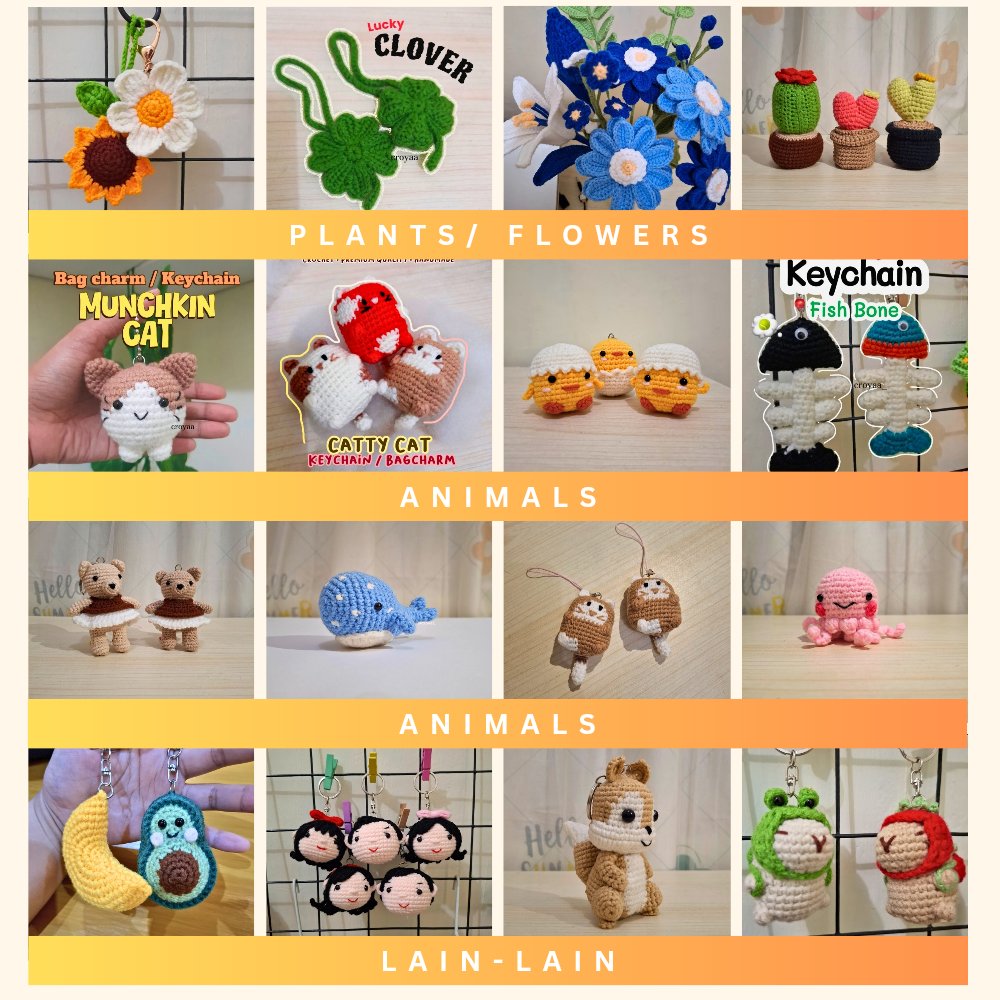 WTS! KEYCHAIN &amp; BAGCHARM ౨ৎ

🧵 Handmade, benang cotton milk
📍 Dom Jogja, bisa 🍊 &amp; cod
🪡 Bisa custom karakter lain (anime, game, flm, dll)
💸 12-80K